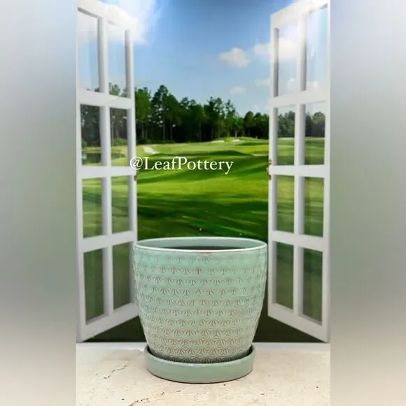 Atasi Aqua/Pink Ceramic Planter Pot with Saucer Attached - Picture 6 of 9